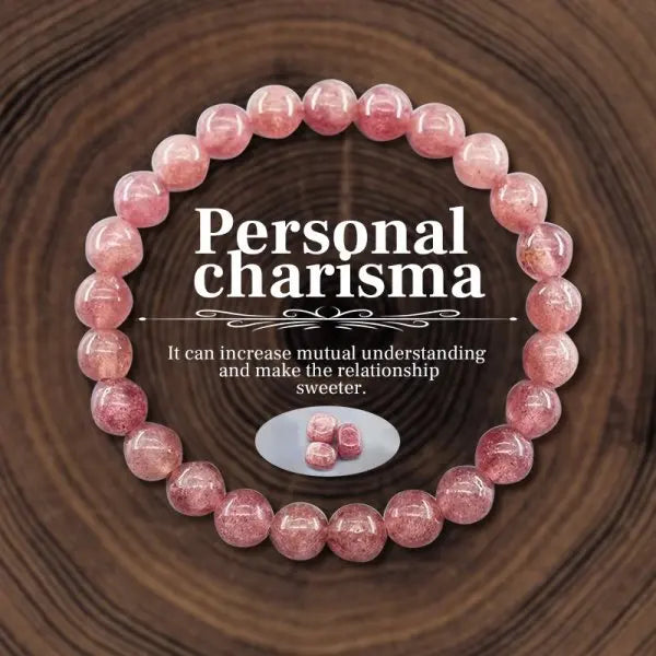 Pink beaded bracelet on a wooden background with text about personal charisma.