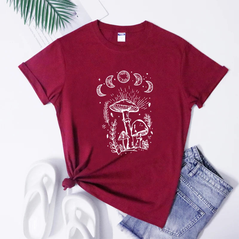 Red t-shirt with white mushroom design on a white background