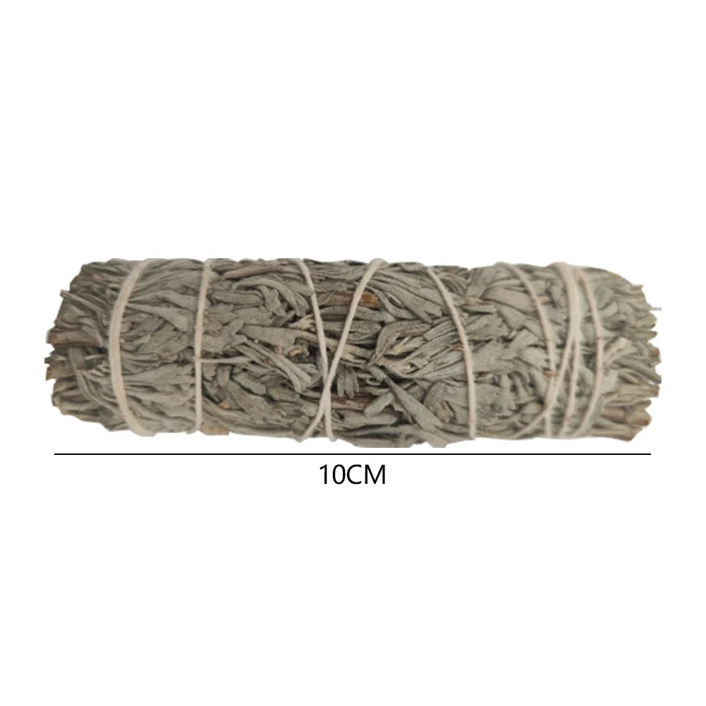 Rolled sage smudge stick with twine on a white background, labeled 10cm.