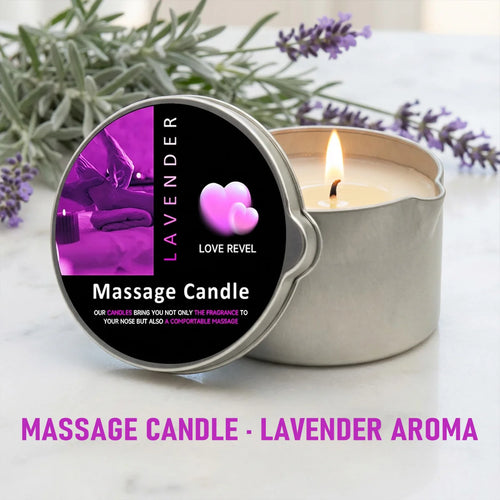 Massage candle with lavender aroma on a white surface with lavender flowers in the background