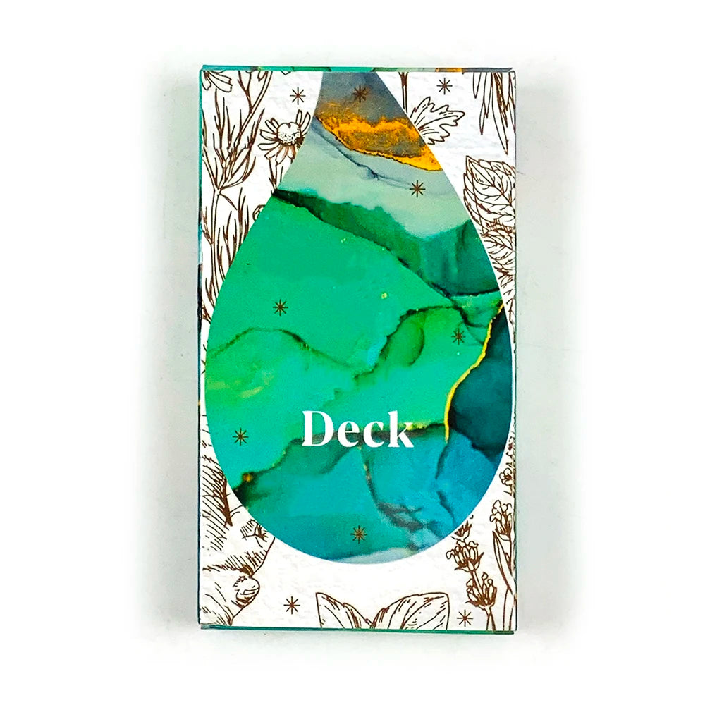 Card deck packaging with green abstract design and 'Deck' text on a white background