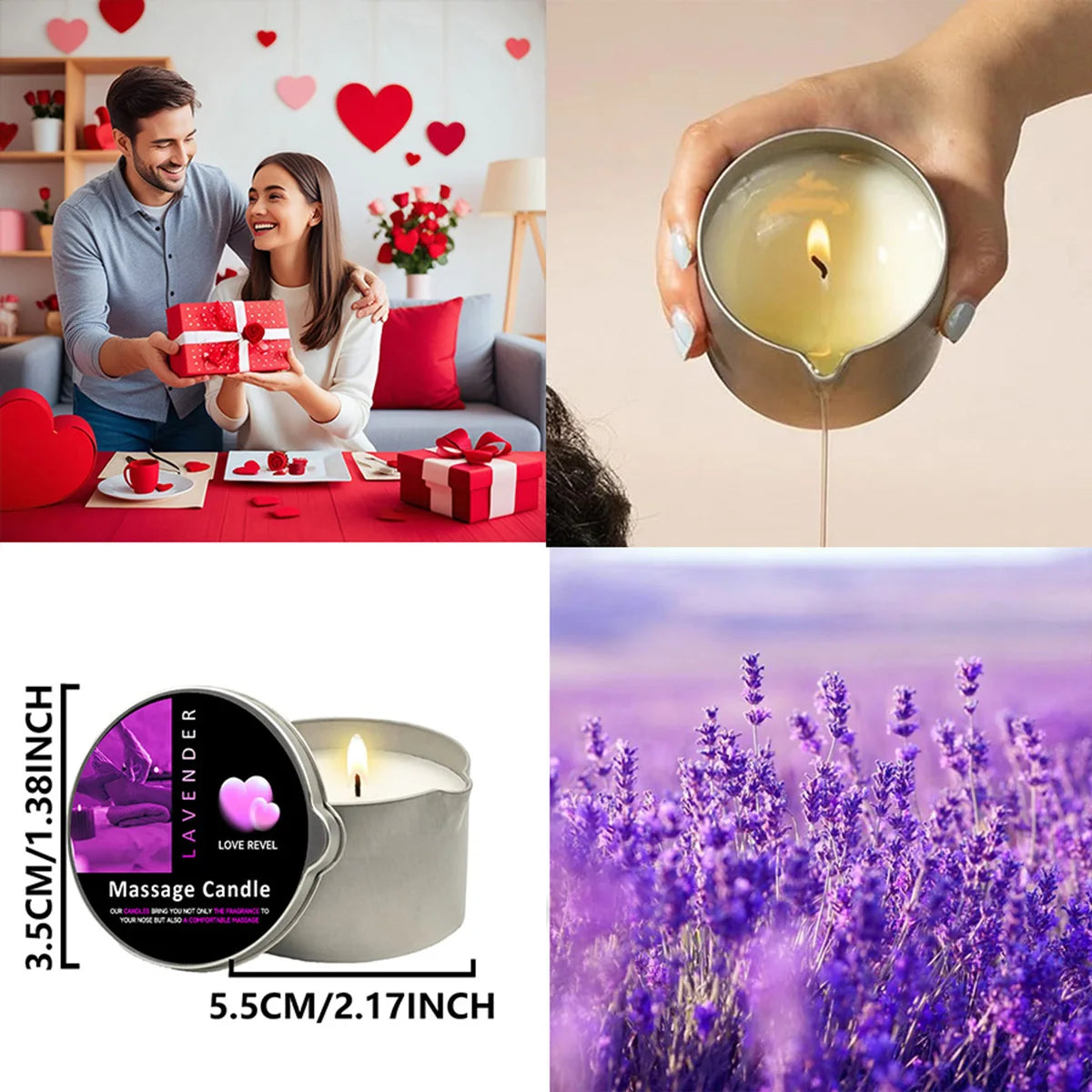 Collage of a couple with gifts, a hand holding a candle, a product label, and lavender flowers.