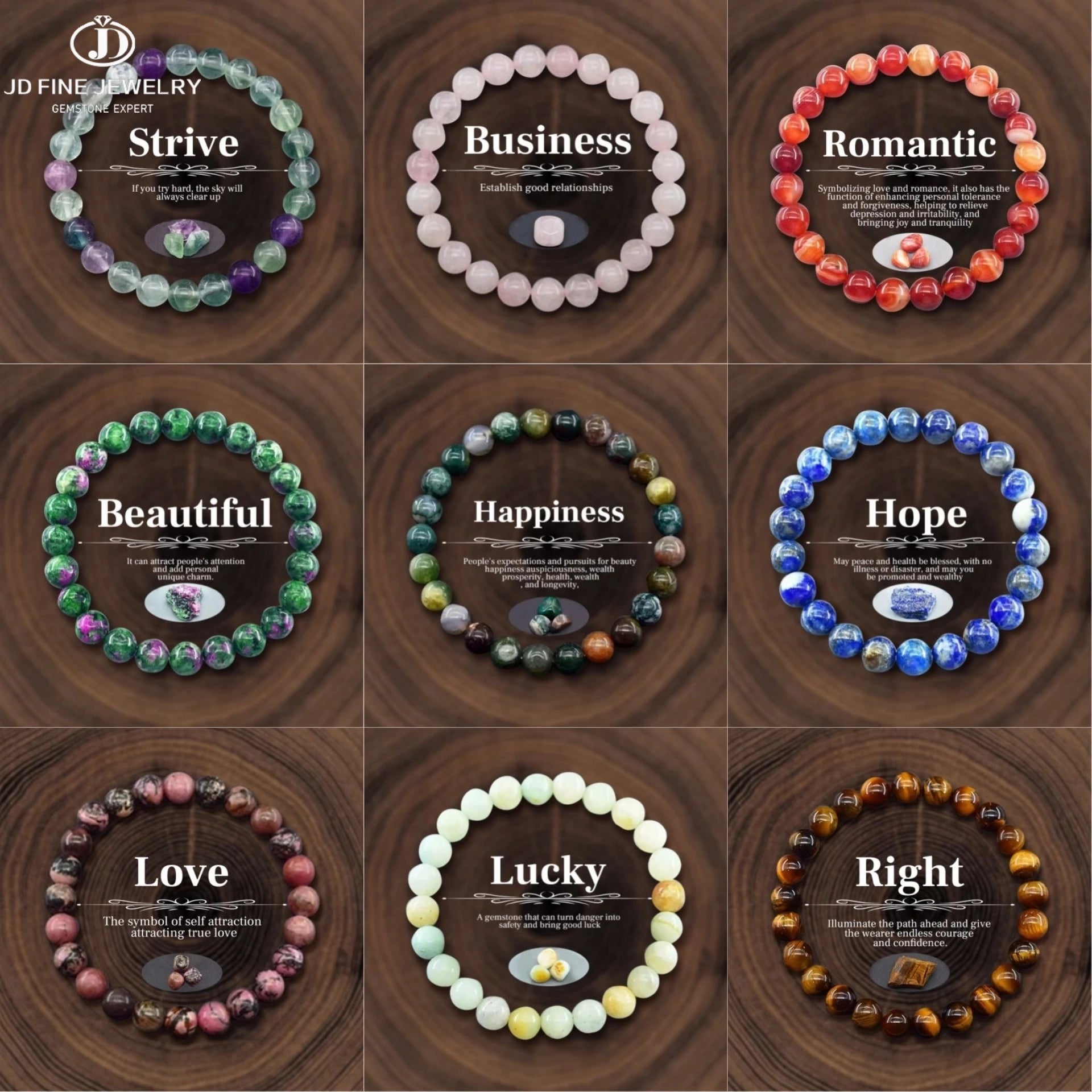 Collection of JD Fine Jewelry bracelets with different themes on a wooden background