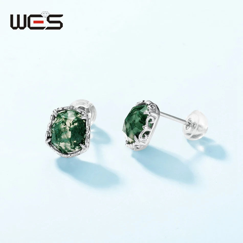 Natural Moss Agate Sterling Silver Studs