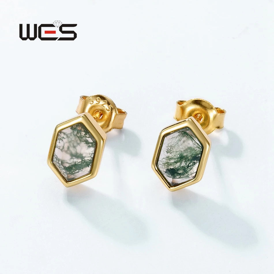 Natural Moss Agate Sterling Silver Studs