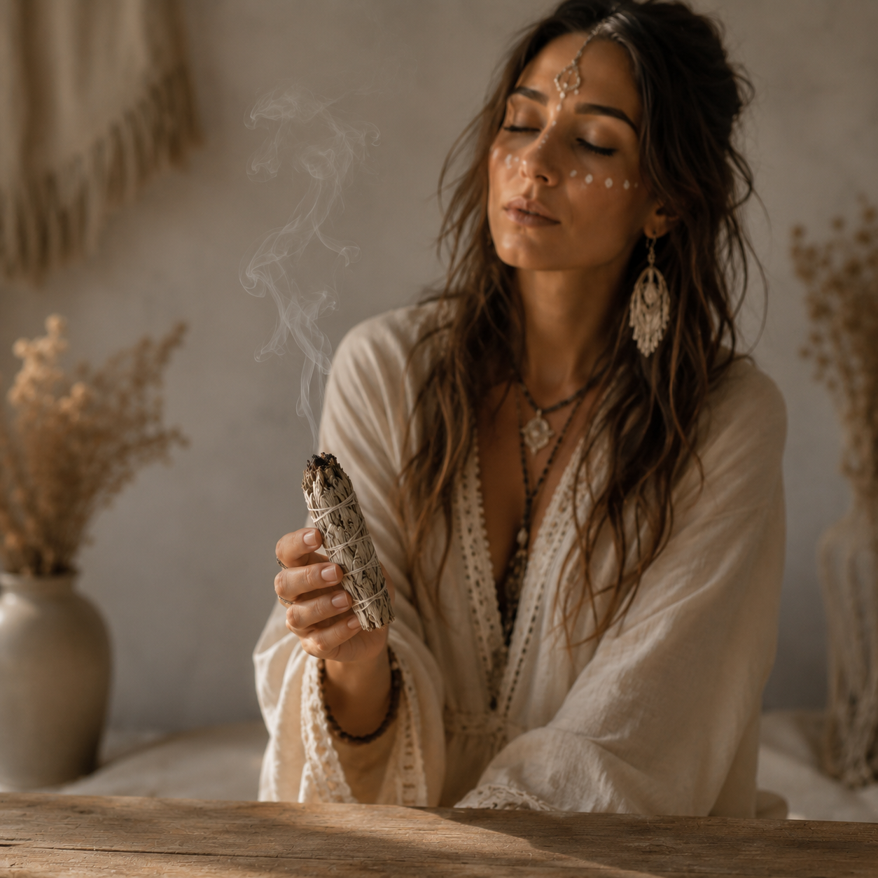Woman in a white robe holding a smoldering sage stick in a serene setting with dried plants.