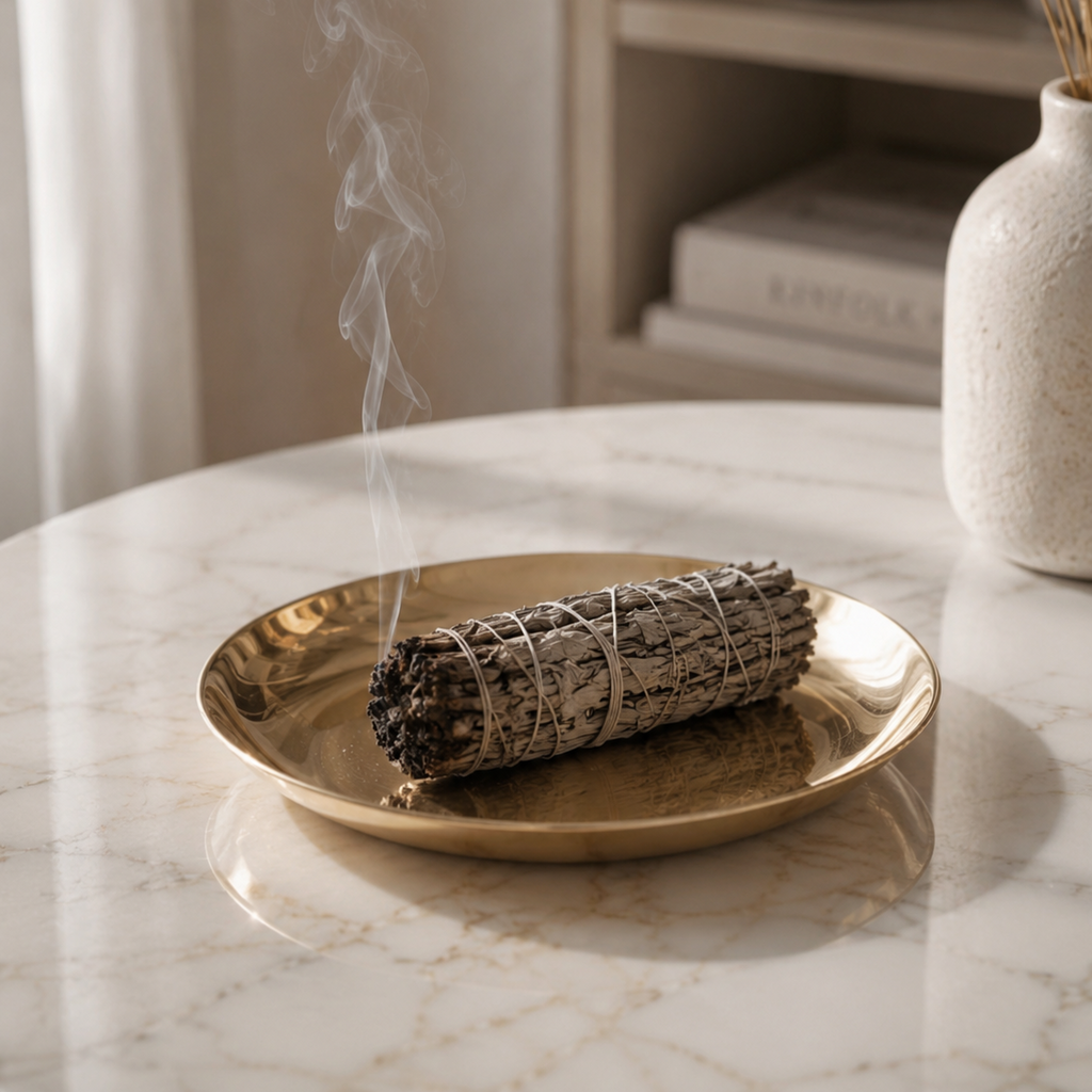 Incense stick on a gold plate with smoke, placed on a marble surface with a vase in the background.
