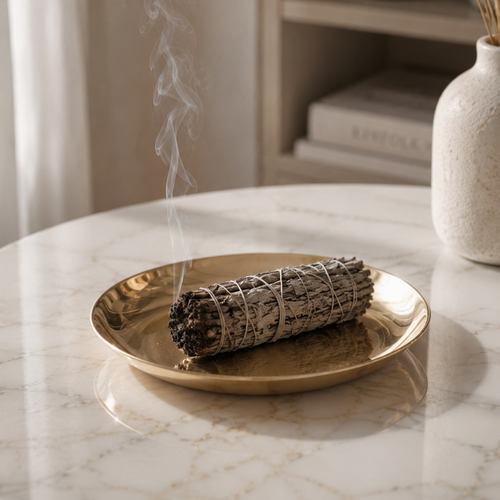 Incense stick on a gold plate with smoke, placed on a marble surface with a vase in the background.