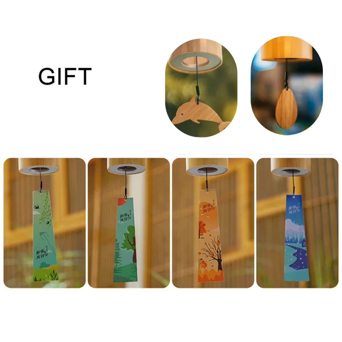 Decorative hanging items with nature-themed designs on a white background, labeled 'GIFT'.