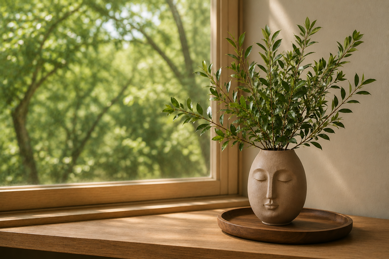 Vase with face design on a wooden surface next to a window with greenery outside