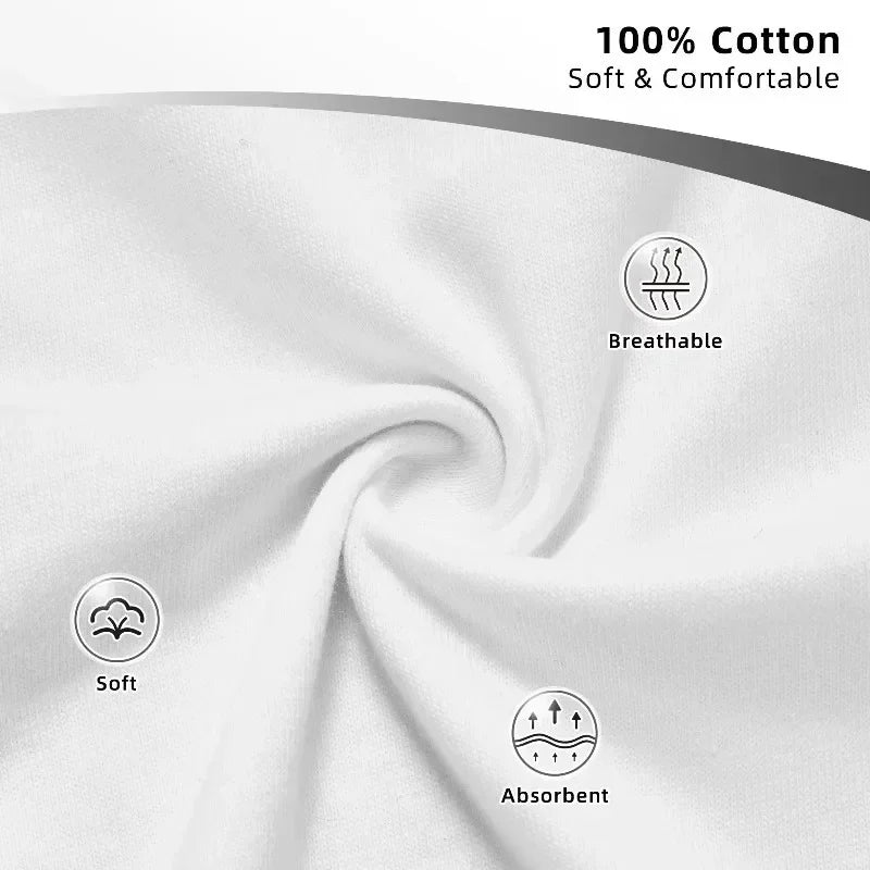 Close-up of white fabric with icons and text indicating properties like soft, breathable, absorbent, and 100% cotton.