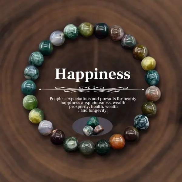 Multicolored beaded bracelet on a wooden surface with the word 'Happiness' displayed.