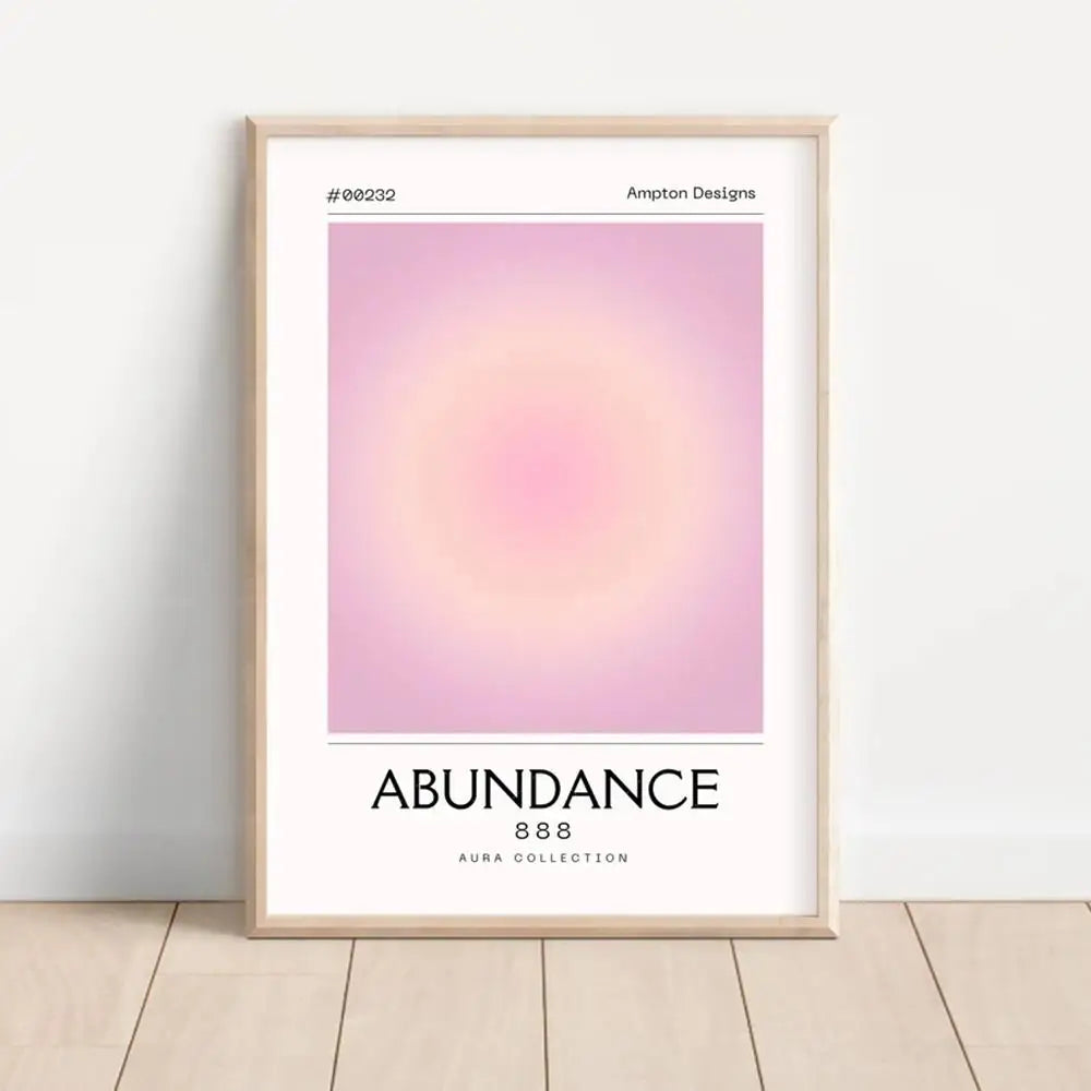 Framed abstract art print with 'Abundance 888' text on a white wall.