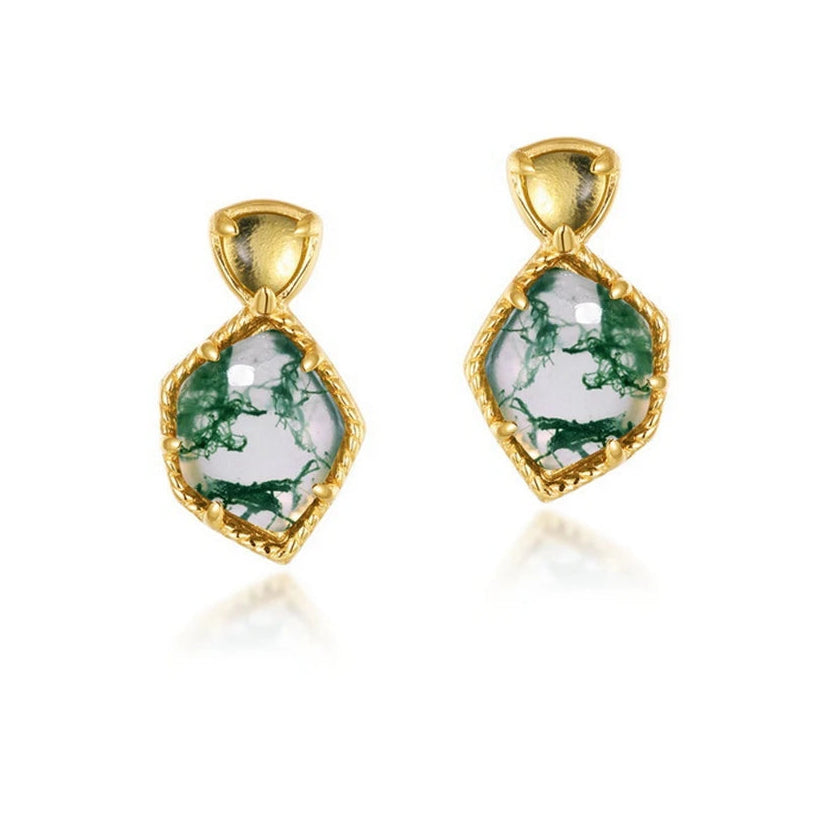 Gold earrings with green gemstones on a white background