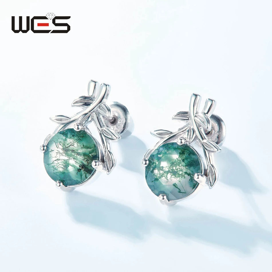 Natural Moss Agate Sterling Silver Studs