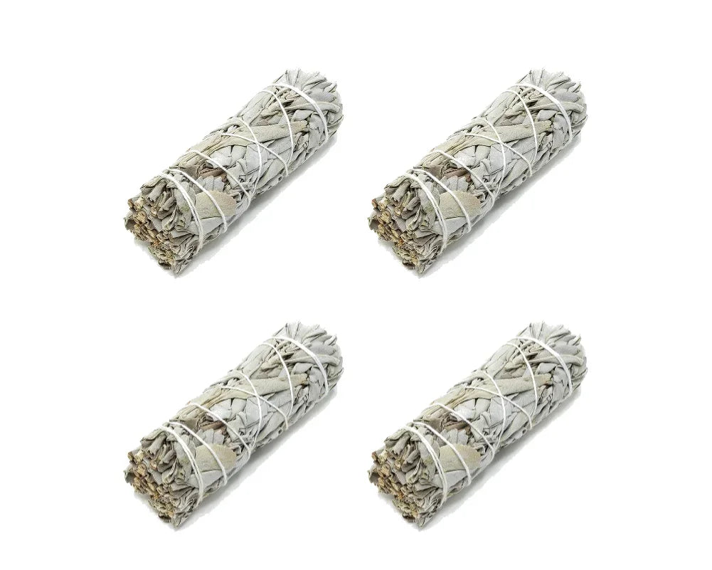 Four bundles of white sage smudge sticks on a white background with '4PCS' in red text above.