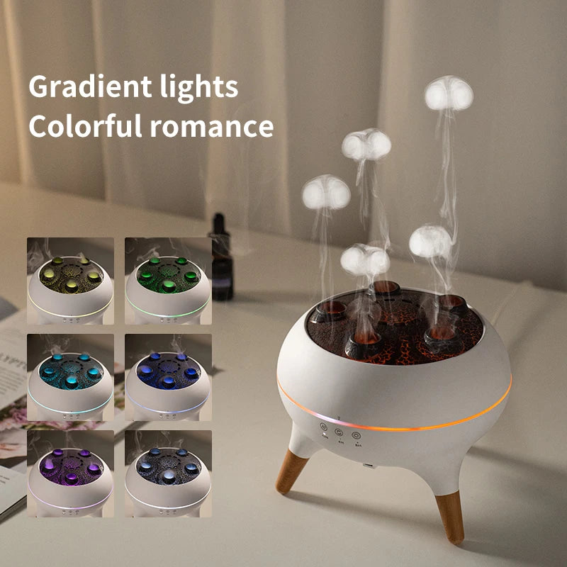 White diffuser with gradient lights on a table, surrounded by small bottles.