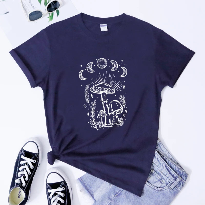 Navy blue t-shirt with white mushroom design on a white background