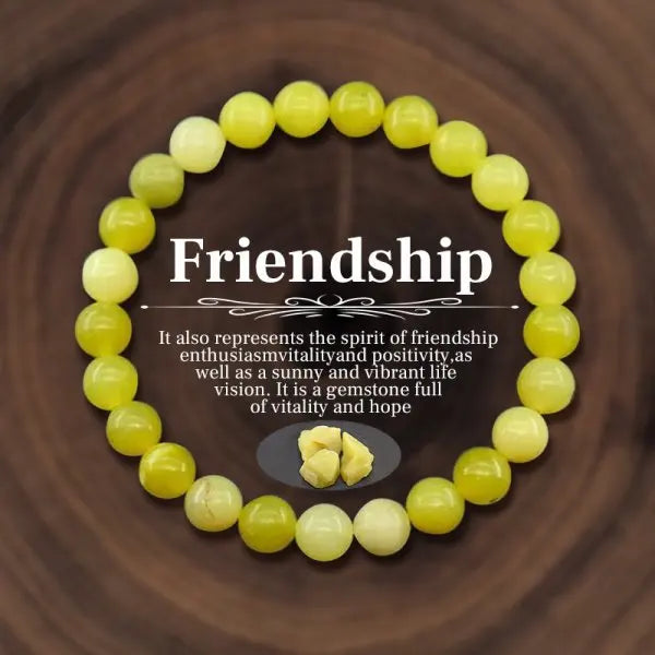 Yellow beaded bracelet with a wooden background and text about friendship.