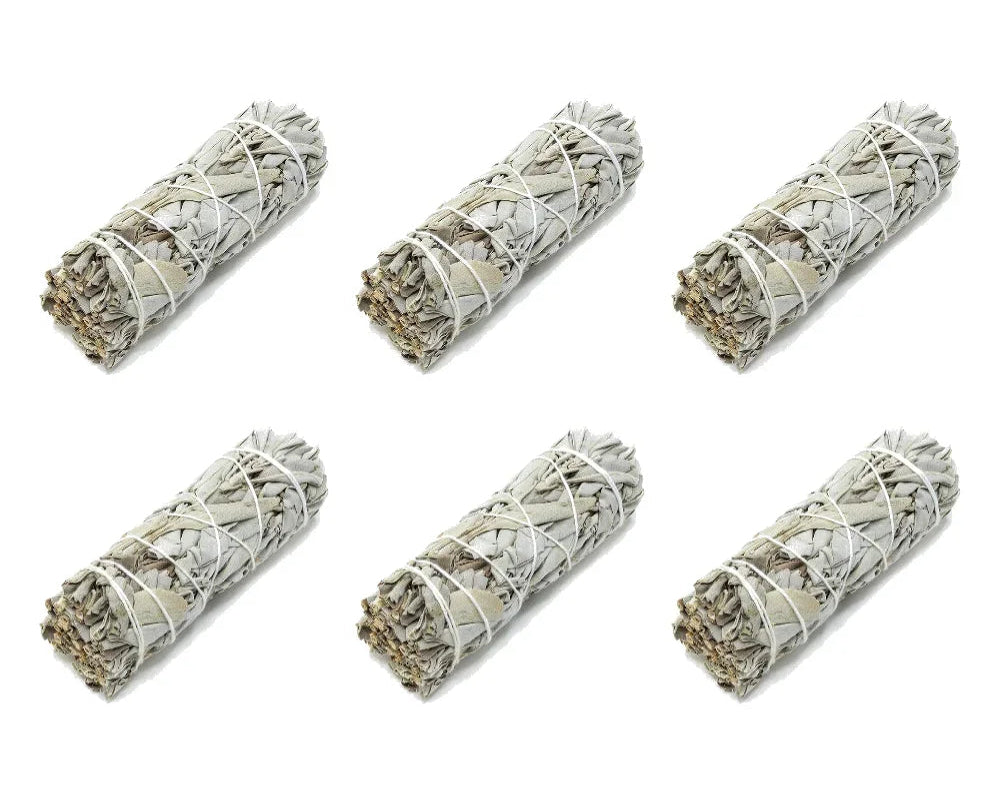Six bundles of white sage smudge sticks on a white background with '6PCS' in red text above.