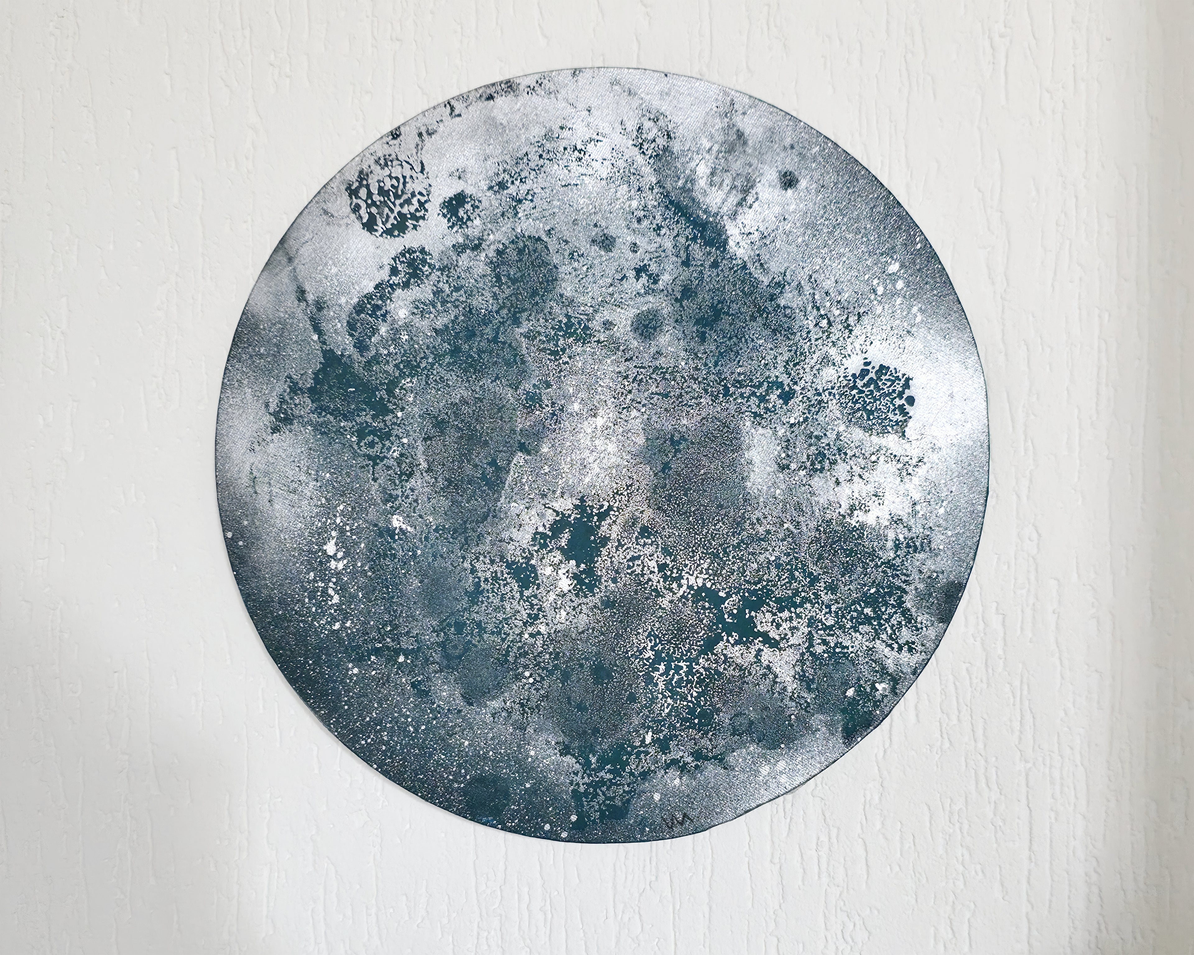 Textured Blue Moon Abstract Circle Artwork | Nordic Calm Acrylic Painting