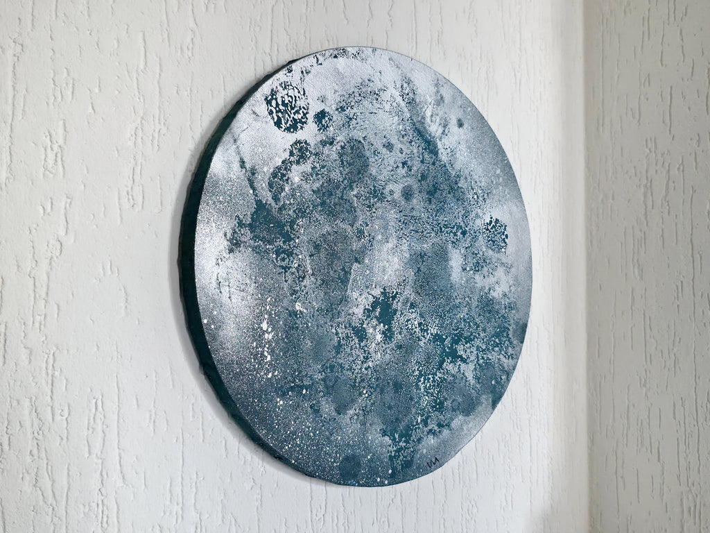 Textured Blue Moon Abstract Circle Artwork | Nordic Calm Acrylic Painting