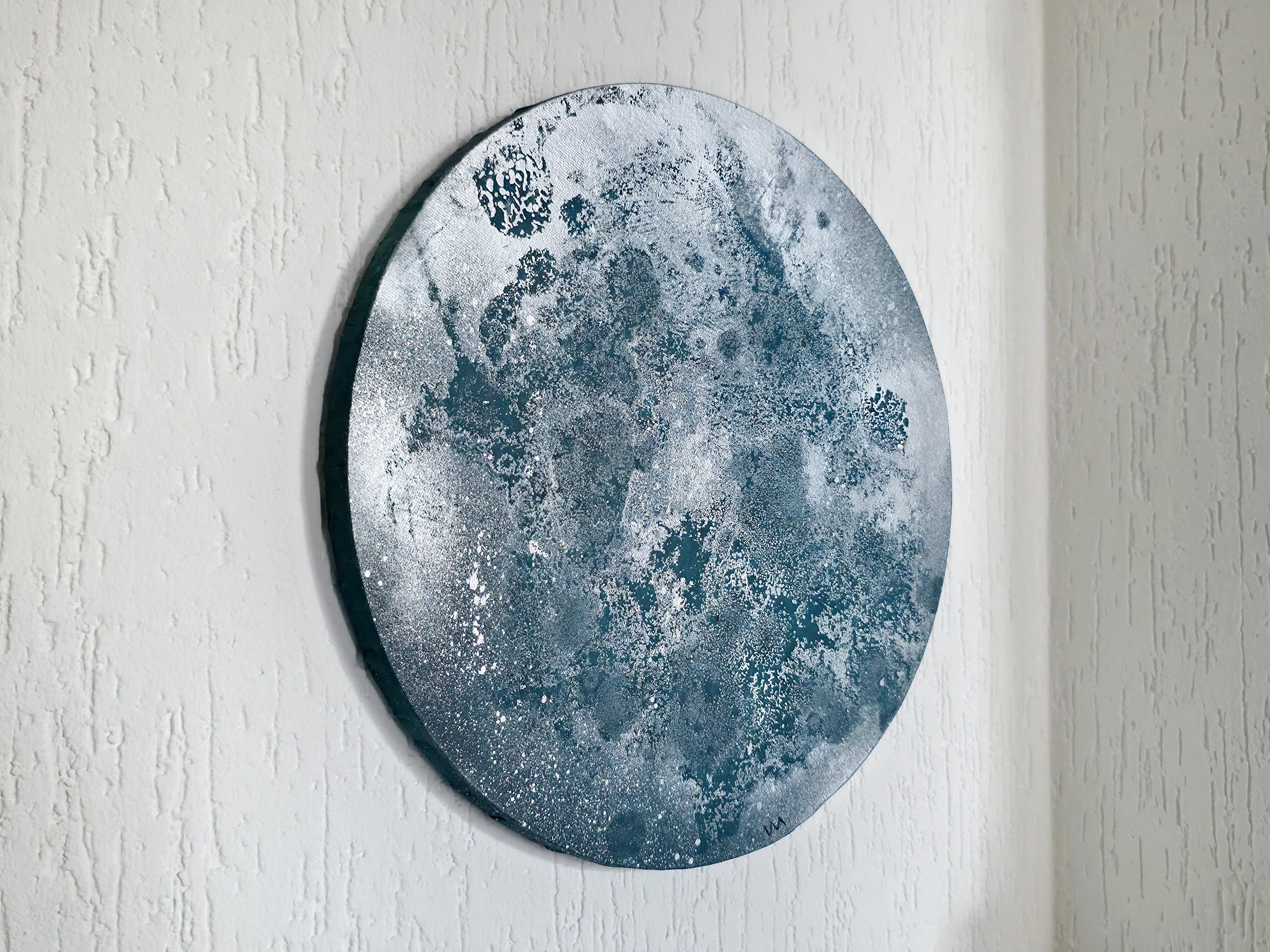 Textured Blue Moon Abstract Circle Artwork | Nordic Calm Acrylic Painting