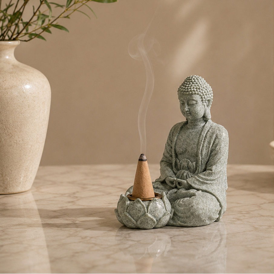 Ceramic Buddha statue with incense cone on a wooden surface, next to a vase.