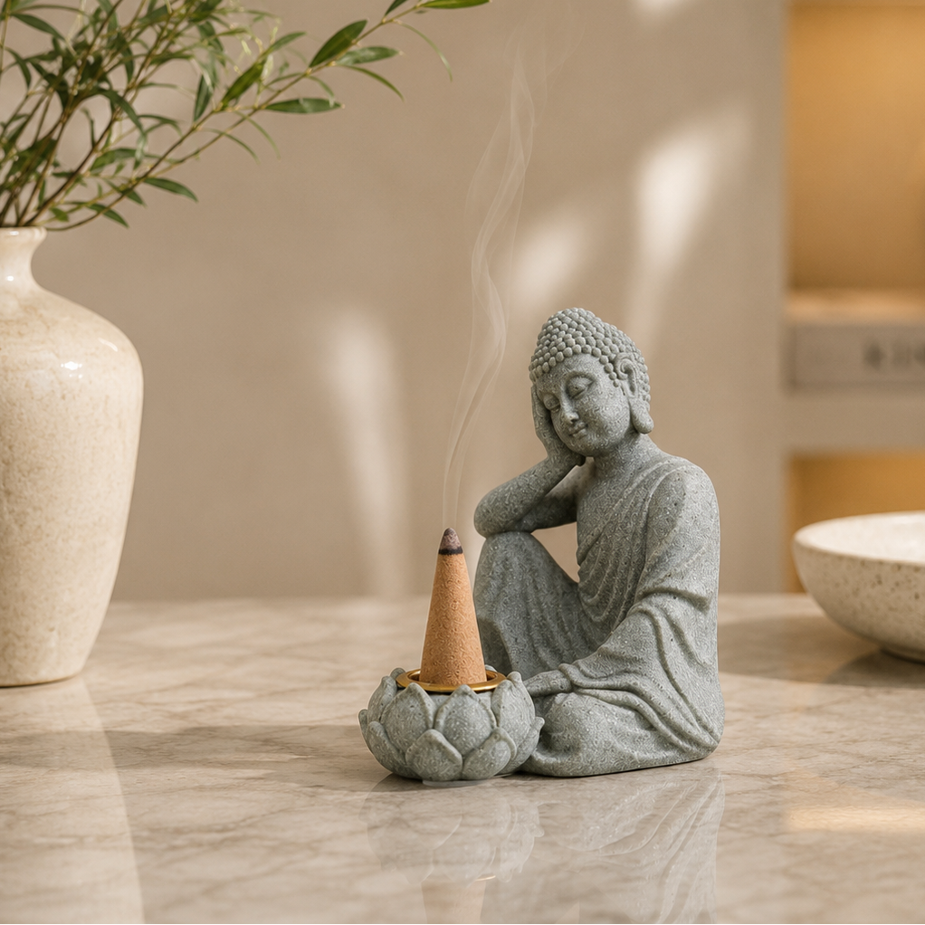 Buddha statue with incense cone on a marble surface, surrounded by a plant and bowl.