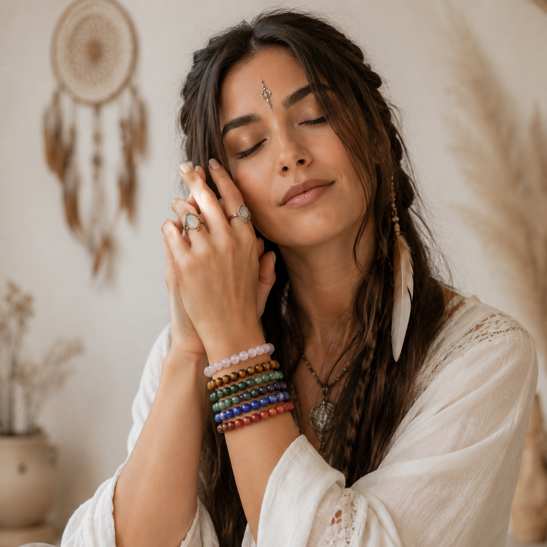 Woman with closed eyes, wearing colorful bracelets, in a bohemian setting with crystals and candles.