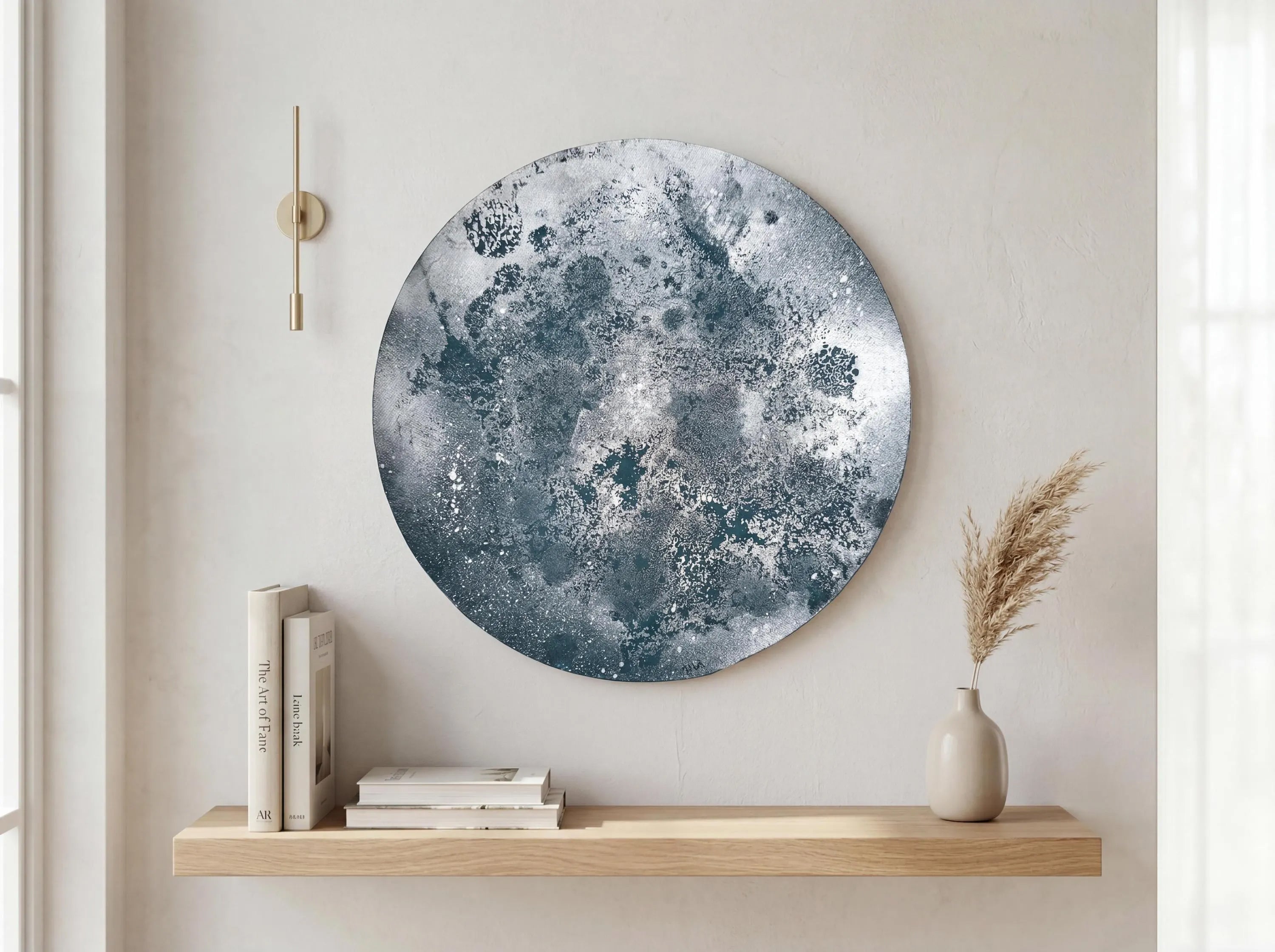 Textured Blue Moon Abstract Circle Artwork | Nordic Calm Acrylic Painting