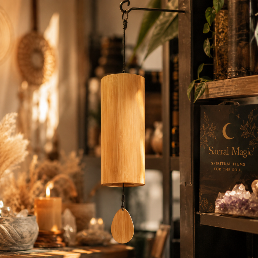 Wooden wind chime with blurred background of decorative items